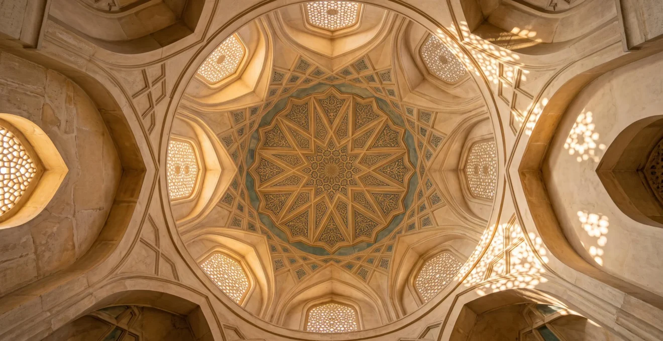 Looking up into a domed Islamic ceiling where a radiating 32-point star geometric pattern is illuminated by natural light, with no human figures present