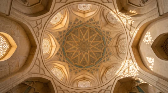 Looking up into a domed Islamic ceiling where a radiating 32-point star geometric pattern is illuminated by natural light, with no human figures present