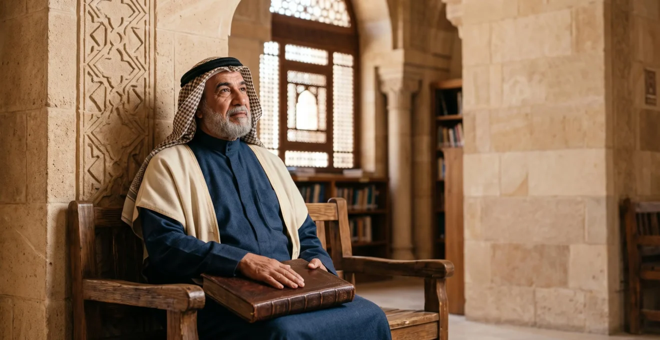 A contemplative scholar in a sunlit Abbasid-era library, symbolizing the reconciliation of Aristotelian logic and religious faith in the Islamic Golden Age