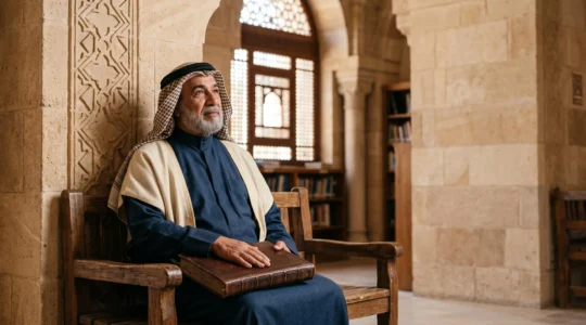 A contemplative scholar in a sunlit Abbasid-era library, symbolizing the reconciliation of Aristotelian logic and religious faith in the Islamic Golden Age