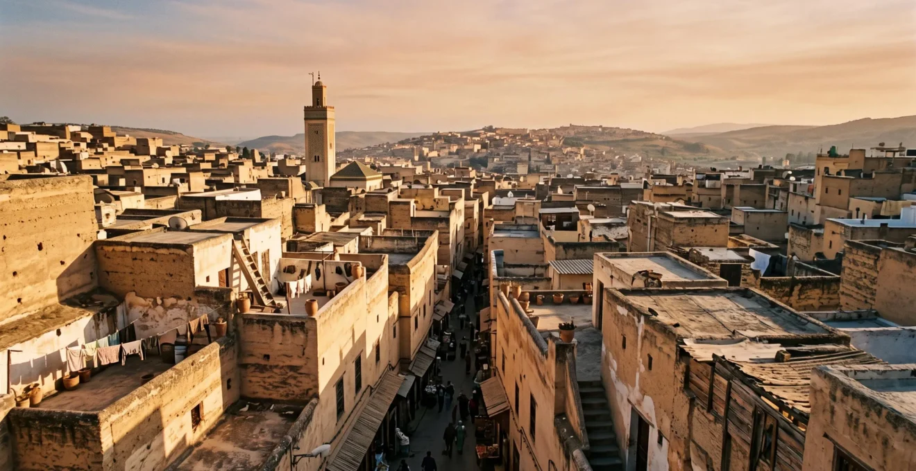 Wide aerial view of an ancient walled medina at golden hour, showing dense sand-colored rooftops, narrow winding alleys, and a distant minaret against a soft sky