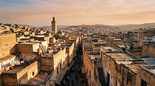 Wide aerial view of an ancient walled medina at golden hour, showing dense sand-colored rooftops, narrow winding alleys, and a distant minaret against a soft sky