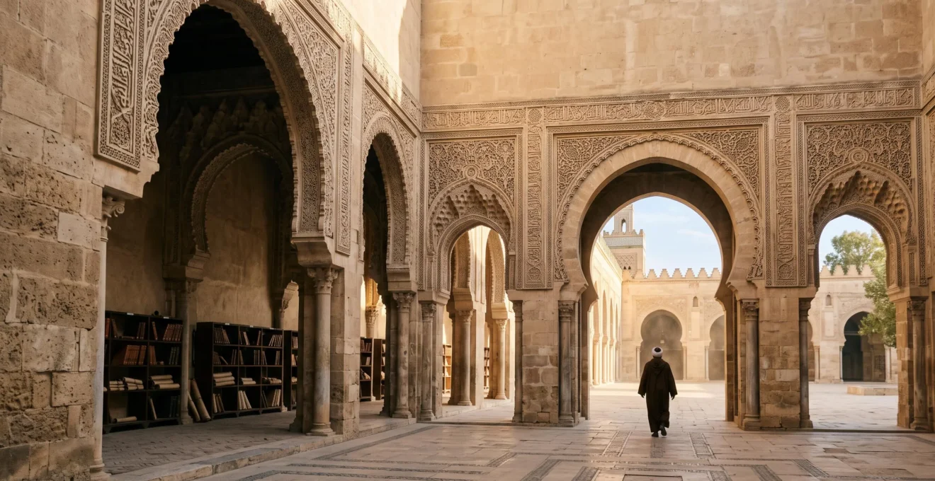 Golden-hour view of a grand medieval Arab library courtyard with arabesque arches symbolizing centers of knowledge