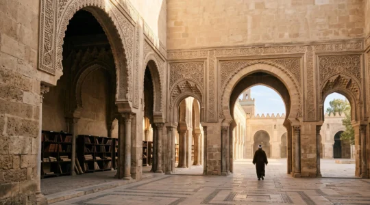 Golden-hour view of a grand medieval Arab library courtyard with arabesque arches symbolizing centers of knowledge