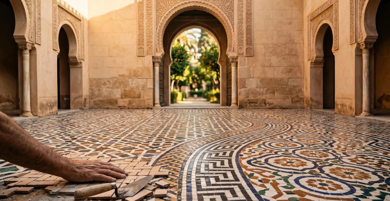 Wide editorial photograph of an ornate Andalusian-style courtyard where geometric tilework, horseshoe arches, and carved wooden lattices blend into a single harmonious pattern, symbolizing cultural synthesis