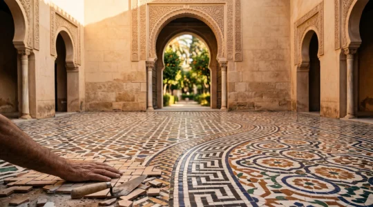 Wide editorial photograph of an ornate Andalusian-style courtyard where geometric tilework, horseshoe arches, and carved wooden lattices blend into a single harmonious pattern, symbolizing cultural synthesis