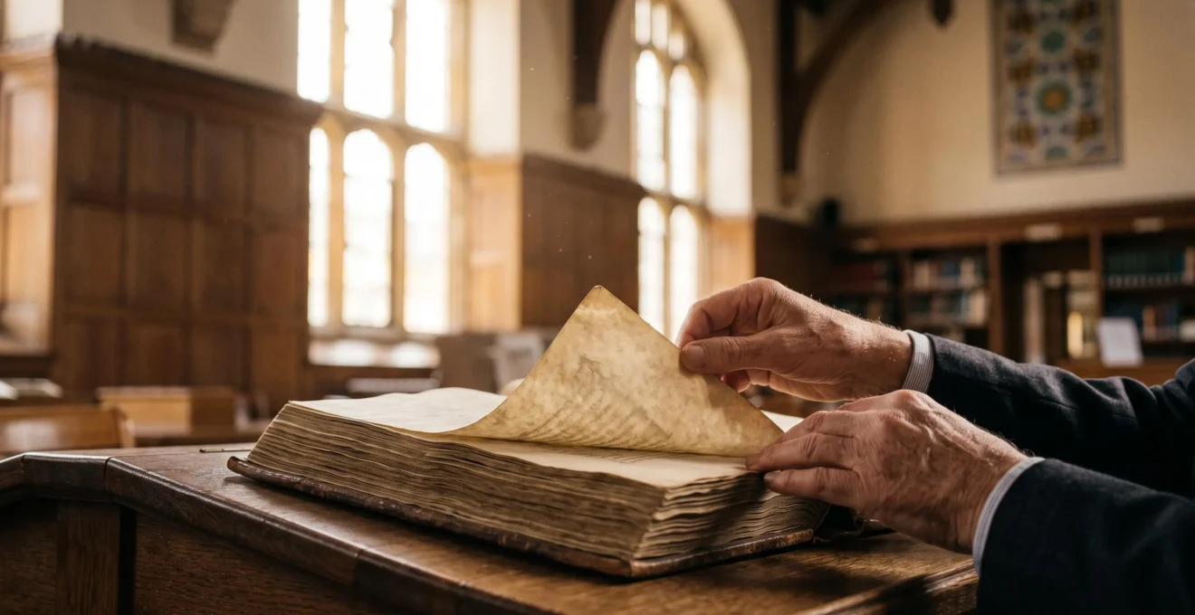 A scholar examining an ancient illuminated Arabic manuscript in a grand Western university archive, symbolizing the preservation of medical and philosophical knowledge