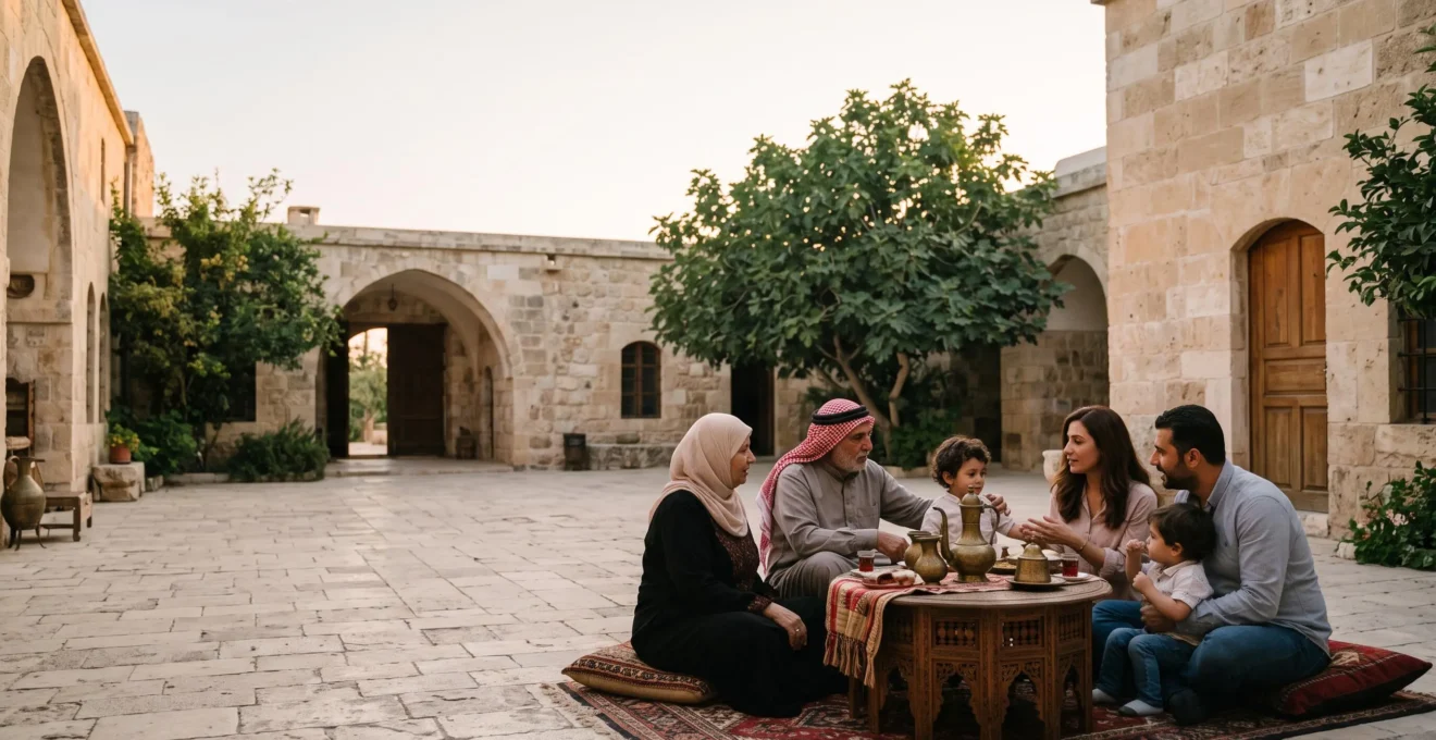 Three generations of an Arab family gathered together in a sunlit courtyard, symbolizing enduring multigenerational kinship