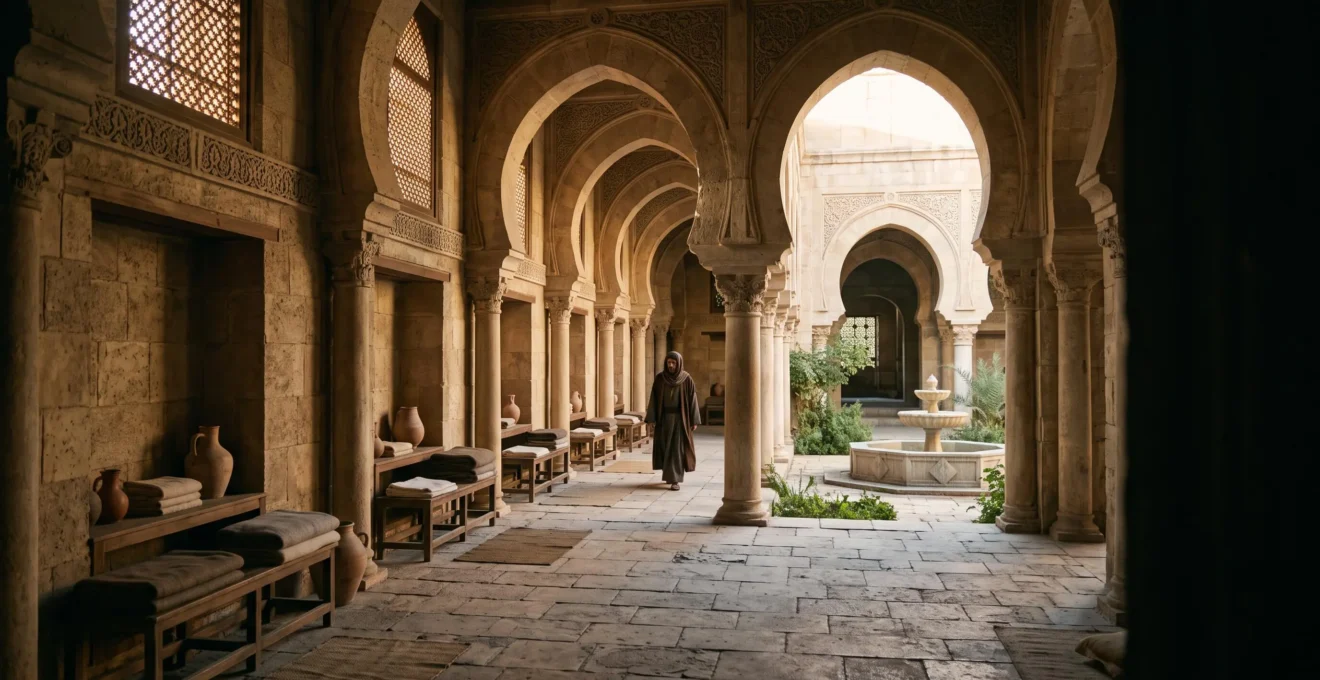 Interior of a grand medieval Arab hospital with separate arched wards and a central courtyard fountain