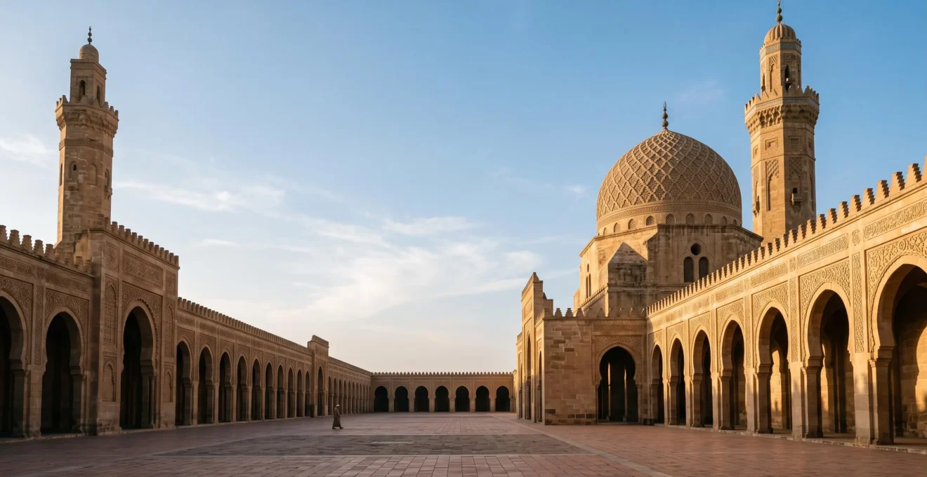 Wide editorial photograph of a monumental sandstone mosque courtyard with a soaring dome and layered arches, illustrating pre-industrial structural engineering mastery.
