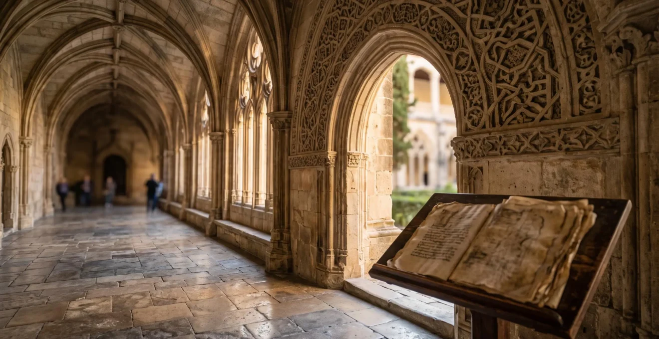 Symbolic wide-angle view of an archway blending Andalusian geometric architecture with a Gothic European university cloister, representing the transmission of Arab scientific knowledge into European academia
