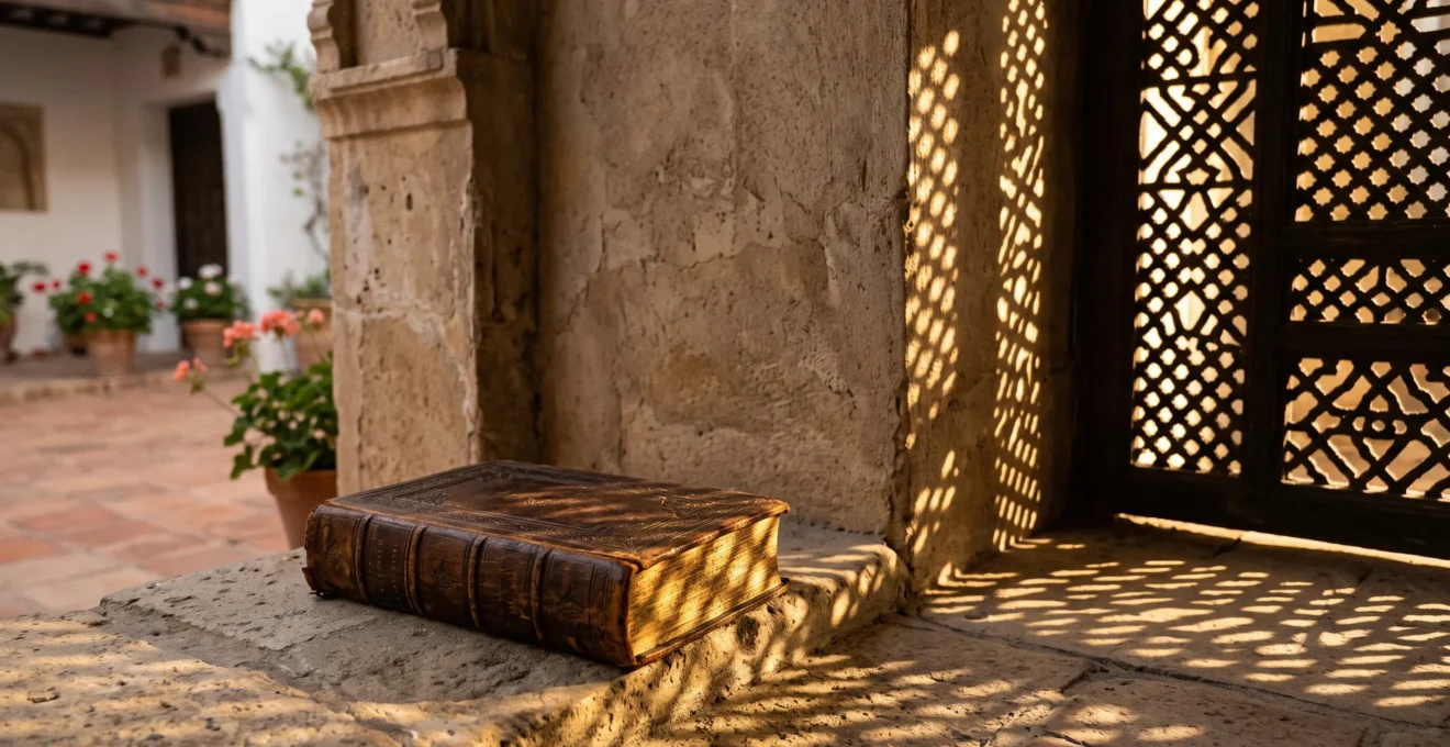 Symbolic wide image of a closed antique manuscript beside a geometric latticework screen, representing the transmission of knowledge from the Arab world to Renaissance Europe