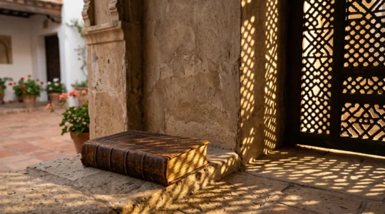 Symbolic wide image of a closed antique manuscript beside a geometric latticework screen, representing the transmission of knowledge from the Arab world to Renaissance Europe