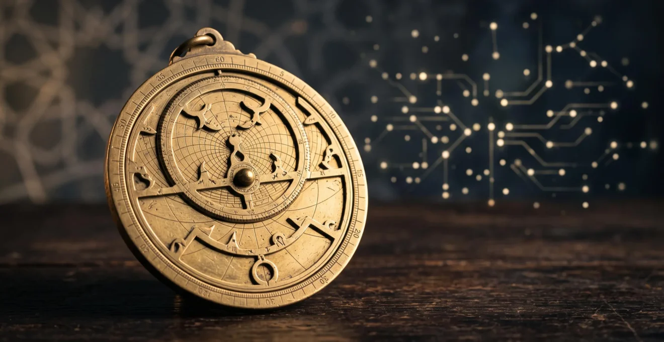 An astrolabe and geometric star pattern bathed in golden light, symbolizing the bridge between ancient Arab mathematics and modern computing