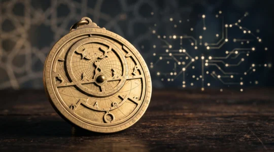 An astrolabe and geometric star pattern bathed in golden light, symbolizing the bridge between ancient Arab mathematics and modern computing