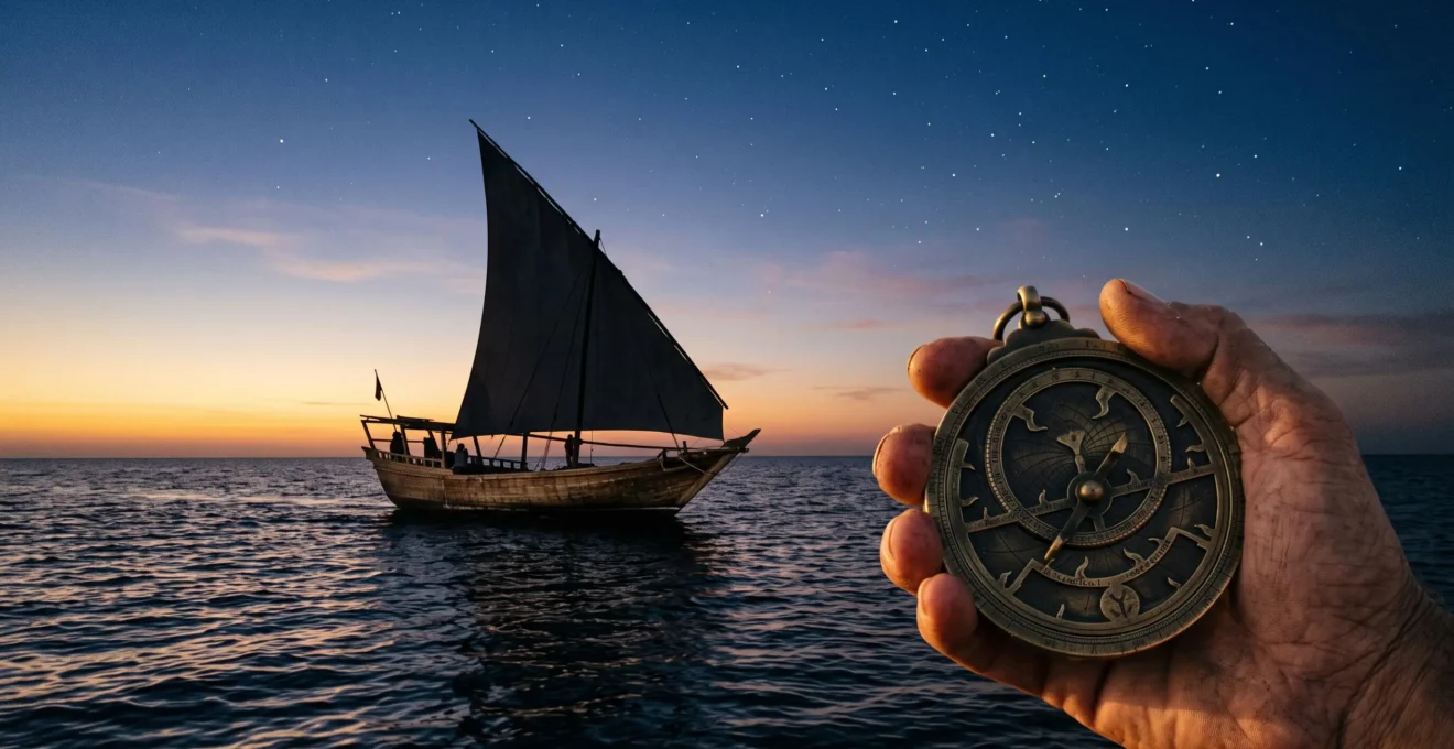 Silhouette of a traditional Arab dhow sailing under a star-filled dusk sky, with a navigator holding an astrolabe in the foreground