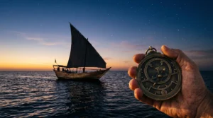 Silhouette of a traditional Arab dhow sailing under a star-filled dusk sky, with a navigator holding an astrolabe in the foreground