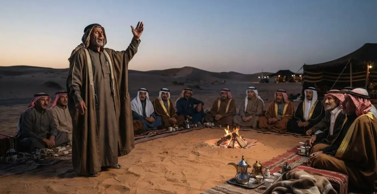 A robed poet reciting verses by firelight before a seated tribal audience in the desert at dusk