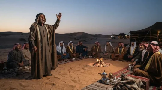 A robed poet reciting verses by firelight before a seated tribal audience in the desert at dusk