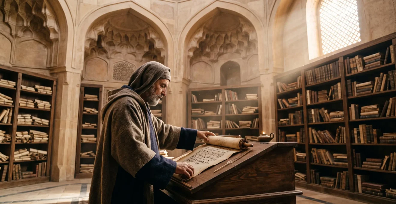 A scholar in a grand hall carefully handling an ancient manuscript scroll, surrounded by shelves of bound texts, evoking the translation movement of the Islamic Golden Age
