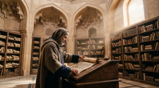 A scholar in a grand hall carefully handling an ancient manuscript scroll, surrounded by shelves of bound texts, evoking the translation movement of the Islamic Golden Age
