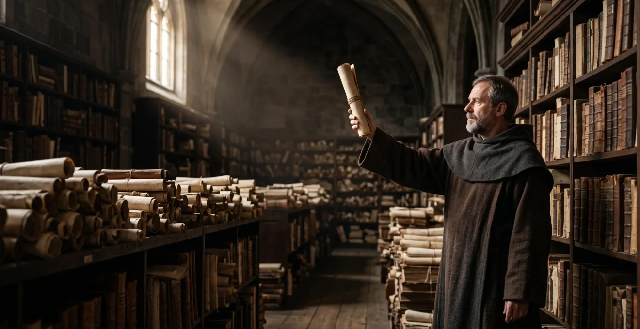 A robed scholar in an Abbasid-era library carefully handling an ancient scroll surrounded by towering shelves of manuscripts