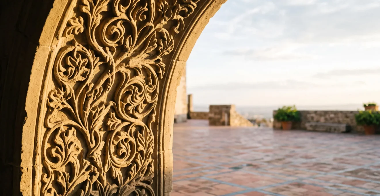 Sunlit carved stone archway with flowing vegetal arabesque relief opening onto an infinite geometric courtyard