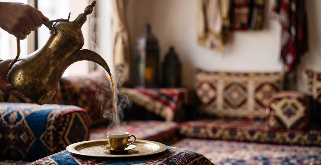 A traditional dallah coffee pot pouring aromatic Arabic coffee into a small cup, symbolizing the ritual of Arab hospitality