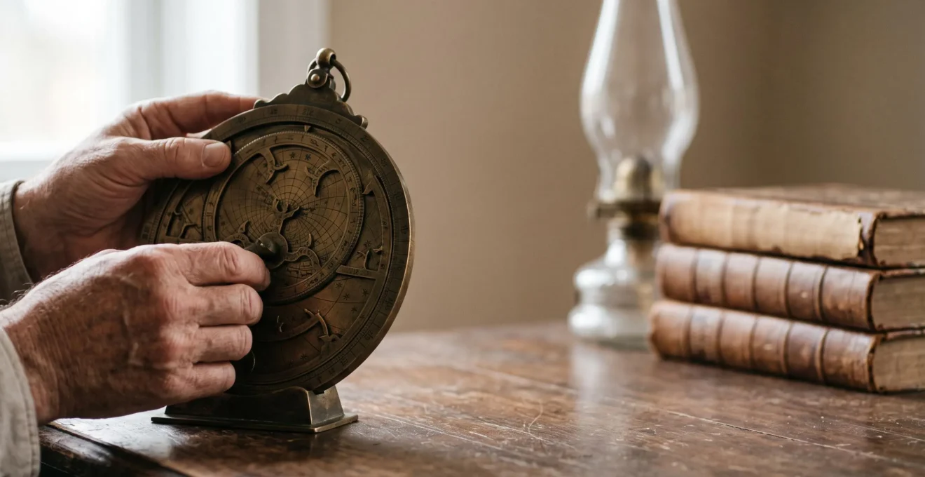 A scholar's hands adjusting a brass astrolabe beside a stack of blank, closed antique manuscripts, symbolizing the meeting of theory and experiment in the Arab Golden Age