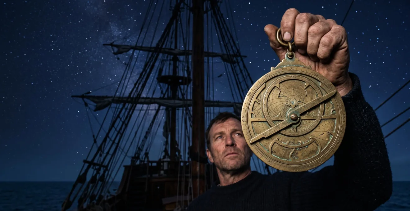 A brass astrolabe held against a starry night sky above a wooden sailing ship, symbolizing precise celestial navigation before the telescope