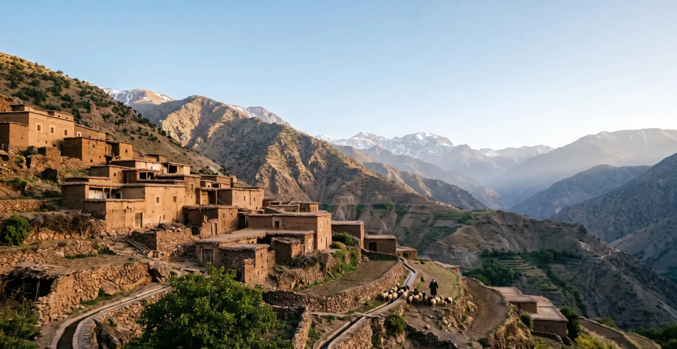 Wide editorial view of a centuries-old Amazigh village terraced into the High Atlas Mountains at golden hour