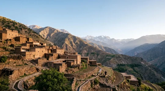 Wide editorial view of a centuries-old Amazigh village terraced into the High Atlas Mountains at golden hour