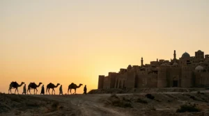 A caravan approaching a grand walled Islamic city of domes and minarets at dawn, symbolizing the pull of medieval centers of learning