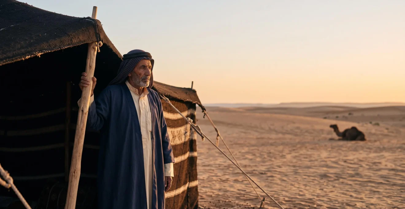 A Bedouin elder standing at the entrance of a traditional woven tent, gazing across vast desert dunes at golden hour, symbolizing three thousand years of cultural endurance.