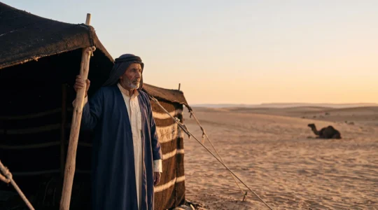 A Bedouin elder standing at the entrance of a traditional woven tent, gazing across vast desert dunes at golden hour, symbolizing three thousand years of cultural endurance.