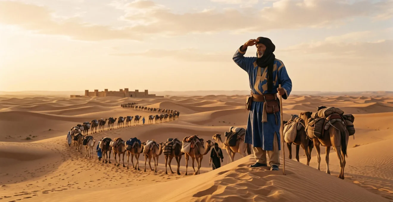 A wide desert landscape at dusk showing the silhouette of a heavily laden camel caravan crossing golden dunes toward a distant walled oasis city.