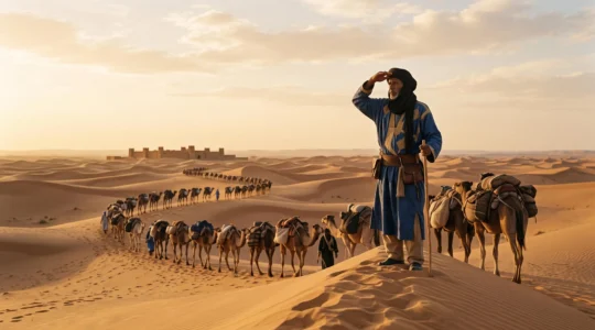 A wide desert landscape at dusk showing the silhouette of a heavily laden camel caravan crossing golden dunes toward a distant walled oasis city.