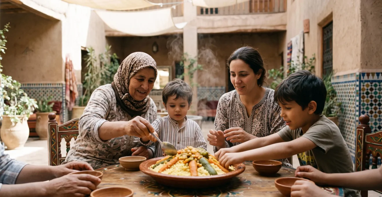 Extended family gathered around a large communal couscous platter at a warm Friday family meal