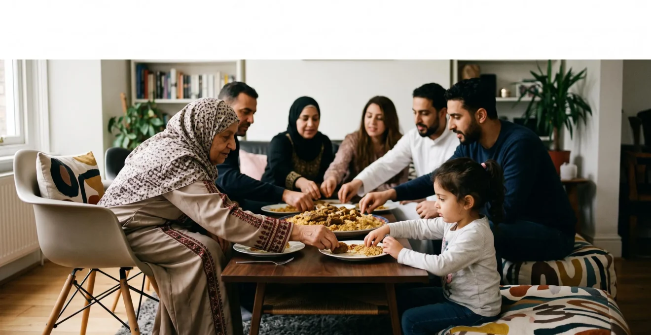 Three generations of a family gathered around a shared communal platter at a warmly lit dining table