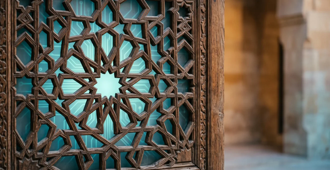 Islamic geometric star pattern subtly dissolving into an abstract circuit-like structure, symbolizing the link between Arab mathematical heritage and modern computing