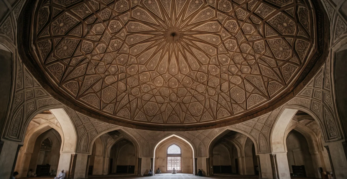 Wide editorial photograph of an intricately carved geometric star pattern inside a domed prayer hall, bathed in soft natural light