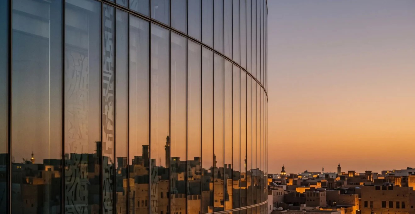 A glass skyscraper facade reflecting the faint geometric silhouette of a traditional Arab lattice pattern at dusk