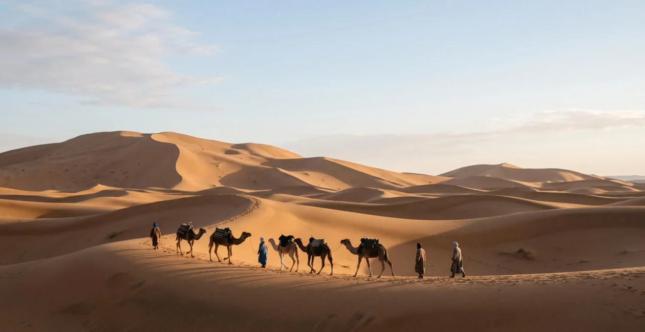 Wide view of a desert caravan silhouette crossing vast golden dunes at dusk, symbolizing human resilience in extreme environments