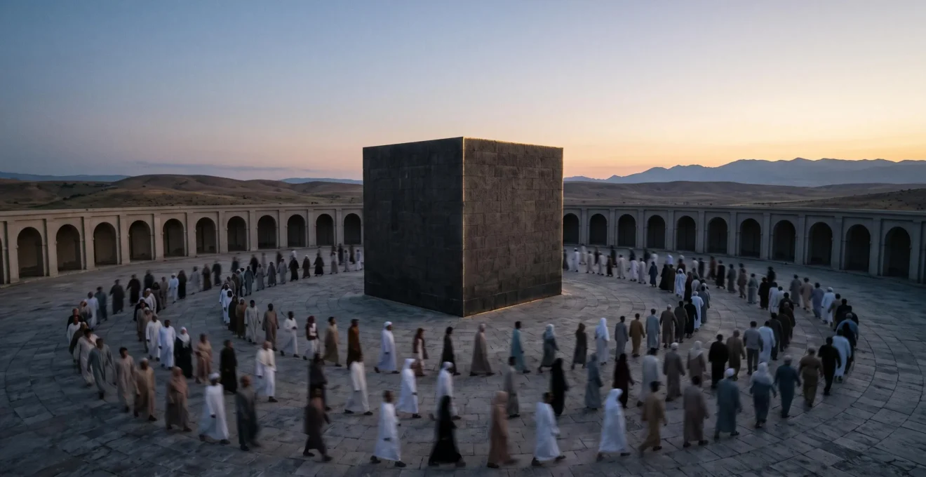 A cubic stone monument at dawn surrounded by concentric rings of moving pilgrims, symbolizing 14 centuries of spiritual gravity
