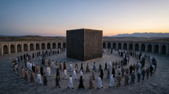 A cubic stone monument at dawn surrounded by concentric rings of moving pilgrims, symbolizing 14 centuries of spiritual gravity