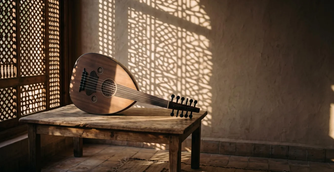 A single oud resting in warm light beside a wall of intricate geometric shadow patterns, symbolizing the structured emotional families of the maqam system