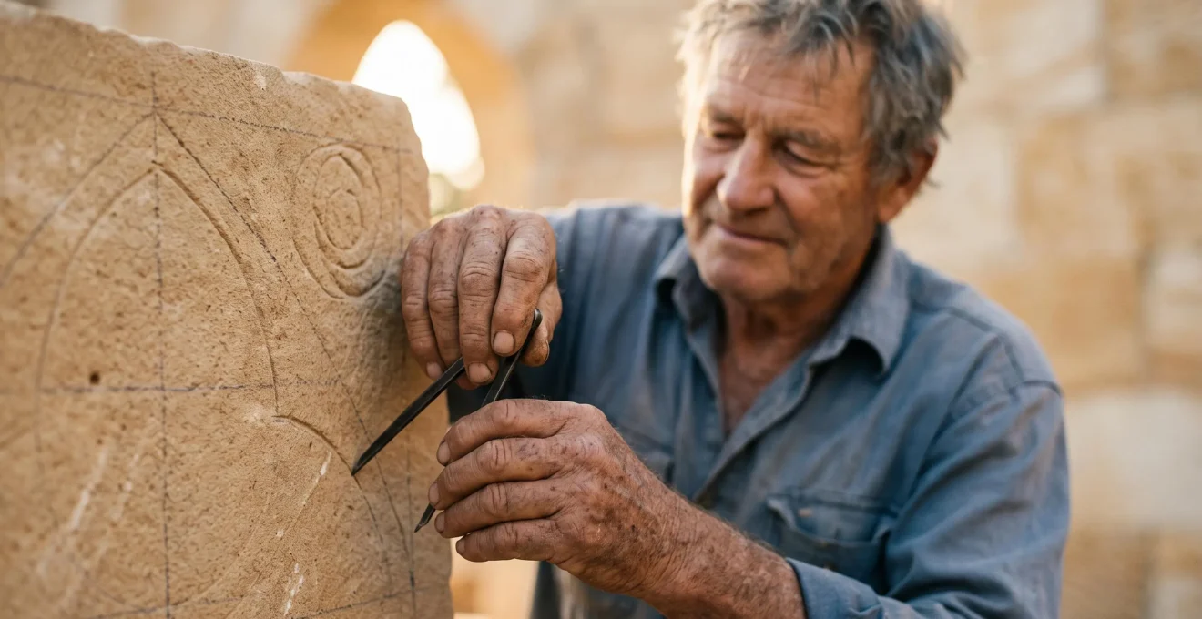 Close-up of a craftsman's weathered hands using a compass to trace geometric patterns on ancient stone, symbolizing medieval engineering mastery