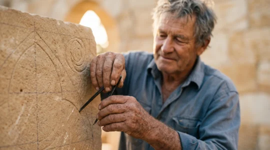 Close-up of a craftsman's weathered hands using a compass to trace geometric patterns on ancient stone, symbolizing medieval engineering mastery
