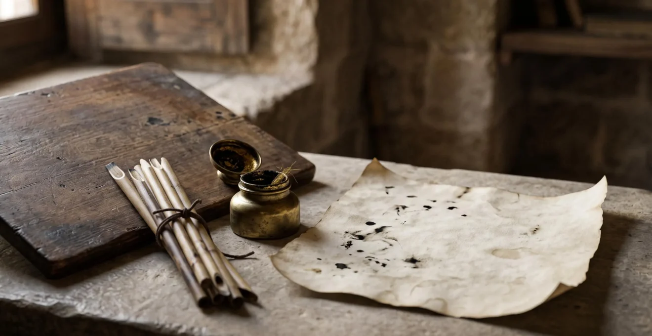 Close-up editorial photograph of an antique reed pen resting beside golden ink on aged parchment, evoking centuries of Islamic calligraphic mastery