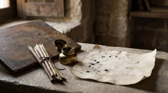 Close-up editorial photograph of an antique reed pen resting beside golden ink on aged parchment, evoking centuries of Islamic calligraphic mastery